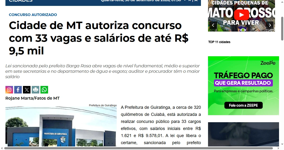 Matéria do portal Fatos de MT: Concurso de Guiratinga autorizado com 33 vagas e salários de até R$ 9,5 mil