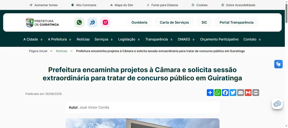 Print da notícia da Prefeitura de Guiratinga sobre o concurso público